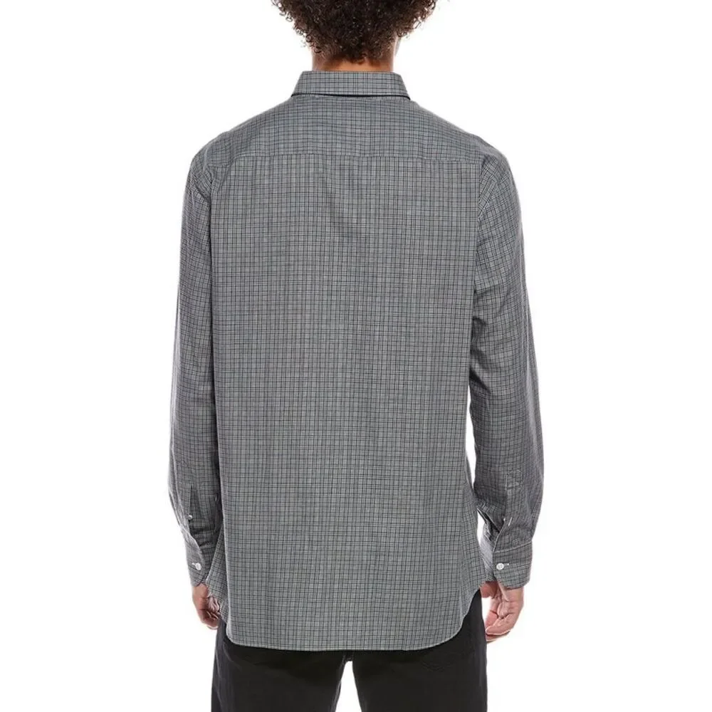 Brioni Mens Plaid Button Up Dress Shirt, Black